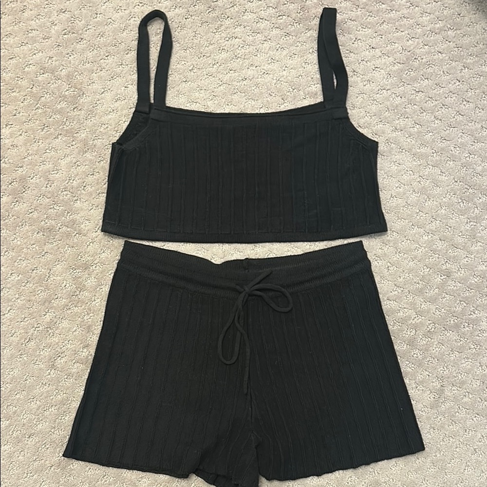 Black Ribbed Sweater Crop Top and Shorts Set